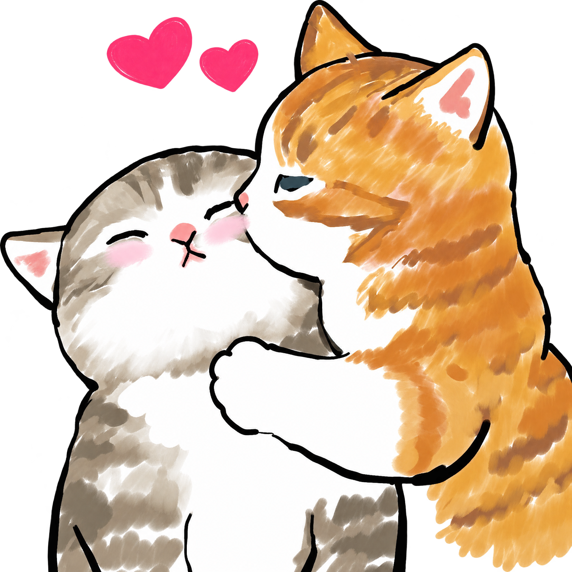 Dois gatinhos abraçados com corações ao redor
